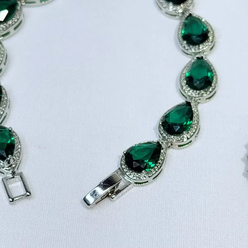 Emerald Teardrop Pear Shape Necklace Pendant, Earrings, Bracelet Set, Plated - Picture 9 of 10